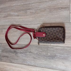Tan and Brown Wallet With A Crimson Colored Adjustable Strap